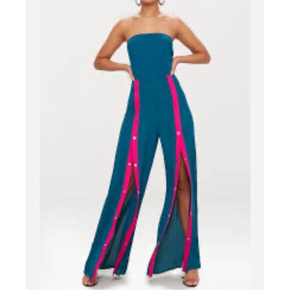 Prettylittething Strapless contrast snap front wide leg jumpsuit size 8 - Picture 2 of 12